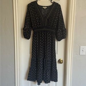 Max Studio Navy Floral Midi Dress with 3/4 Puff Sleeves Size Medium